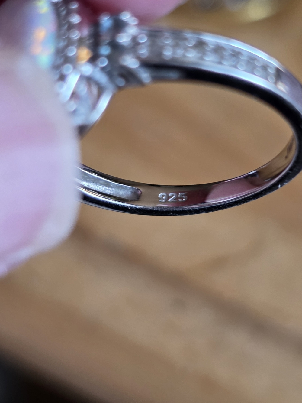 Oval White Opal Halo Ring with Silver-Tone Band - Picture 2 of 3